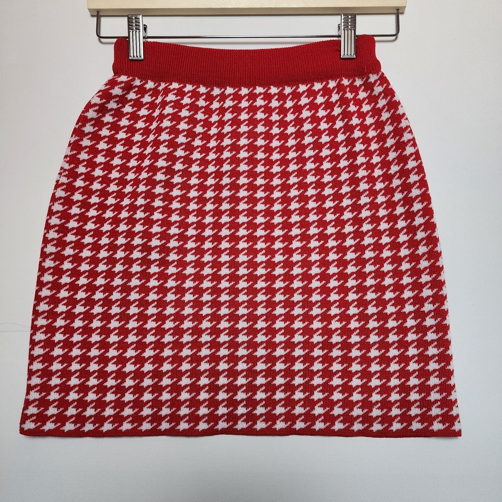 Houndstooth Knit Mini Skirt Red White Pattern Small